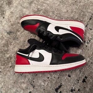 Red, white and black Jordan one low, boys 7 size, wears one or two times